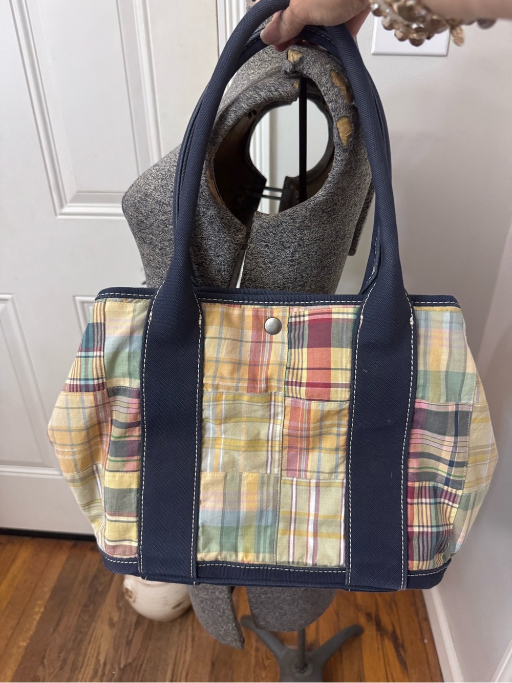 Women’s Vintage J. Crew Plaid Madras Canvas Tote Bag with Navy Trim Y2K